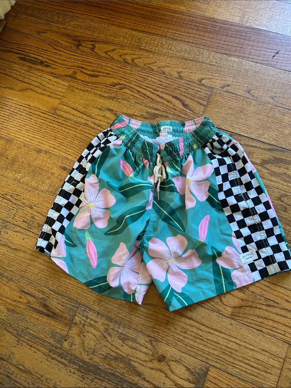Duvin Men’s Floral Green Swim Shorts with Checkerboard Side Panels